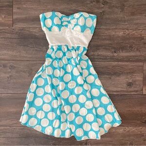 BCX blue & white strapless polka dot dress